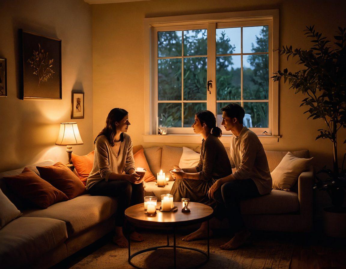 A serene, dimly lit room with a couple sitting across from each other, deep in conversation. Soft light illuminates their faces, highlighting expressions of understanding and connection. Around them are symbols of intimacy, like candles, a journal, and a steaming cup of tea, creating a warm and inviting atmosphere. Subtle hints of nature, like plants or soft fabrics, enhance the feeling of comfort and privacy. soft focus, warm colors, intimate setting.