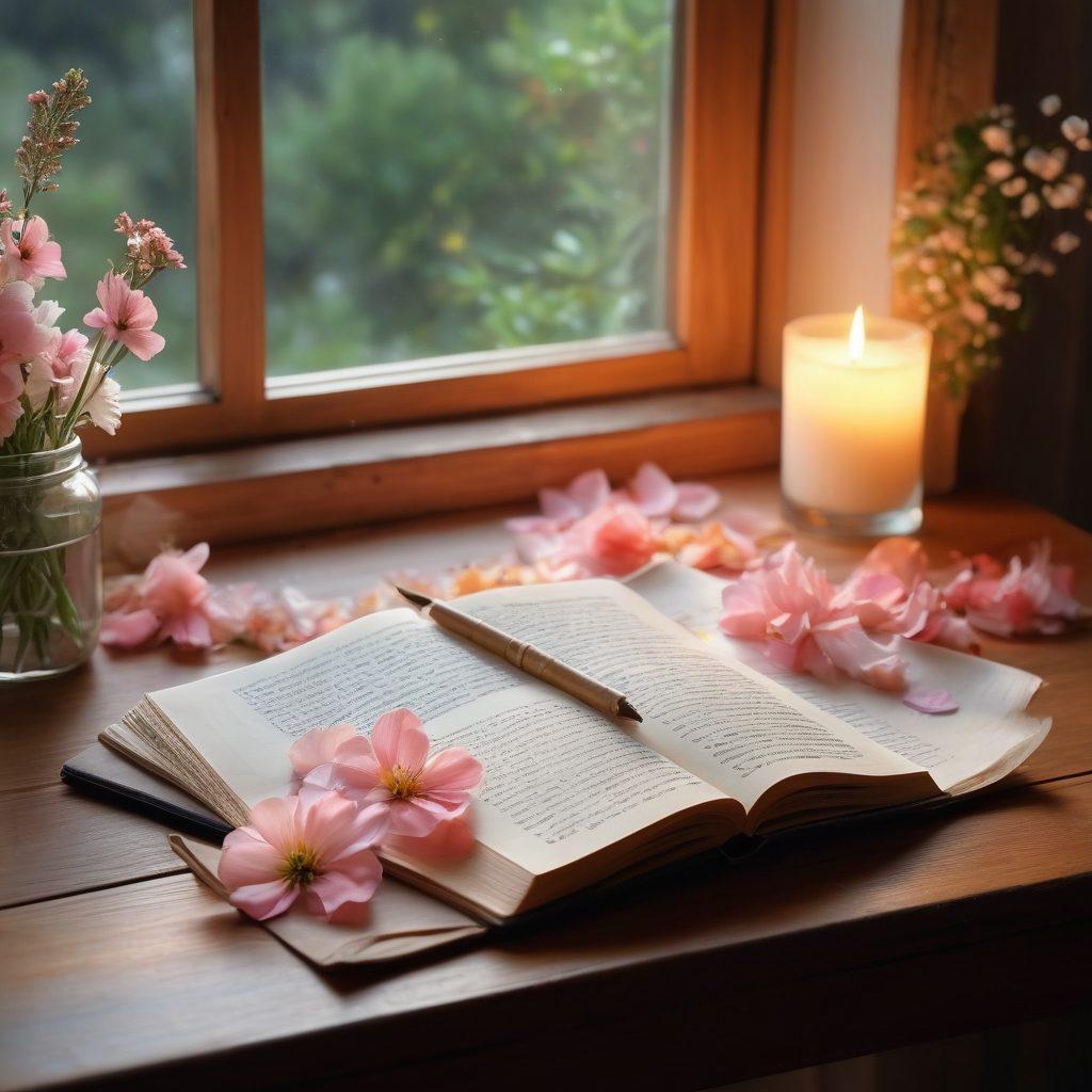 A serene setting featuring an open journal on a wooden table, surrounded by delicate flower petals and a glowing candle, casting a warm light. In the background, a cozy nook with soft cushions and a view of a sunrise through a window symbolizes personal growth. The journal pages display expressive writings and doodles that represent intimate thoughts and desires. Overall atmosphere evokes tranquility, self-reflection, and creativity. super-realistic. soft pastels. warm lighting.