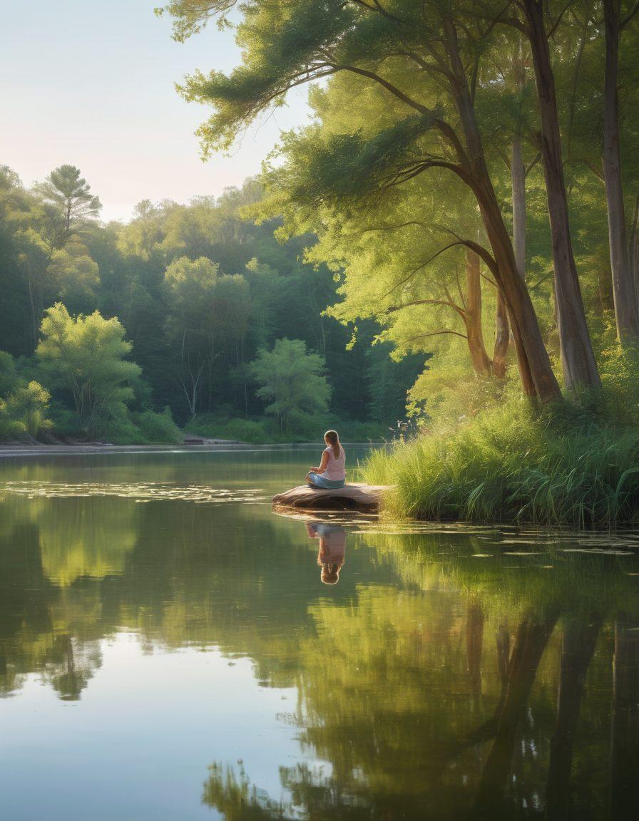 A serene landscape featuring a tranquil lake surrounded by lush greenery, where a reflective figure sits cross-legged on the shore, journaling their inner thoughts. Soft sunlight filters through the trees, creating a warm atmosphere, and abstract symbols of thoughts and emotions float gently around the figure. The color palette is calming with pastel hues and natural tones. super-realistic. vibrant colors. peaceful ambiance.